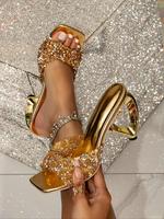 Women's Rhinestone Decorated Square Toe Slip on Ladies Sandals, Glamour Shoes, Fashionable Heart Shape Heeled Sandals for Par...