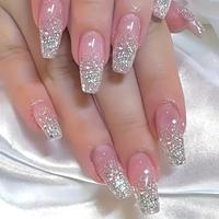 Hot-selling white beauty lady manicure, fashionable silver glitter powder gradient sweet whitening manicure removable wearabl...