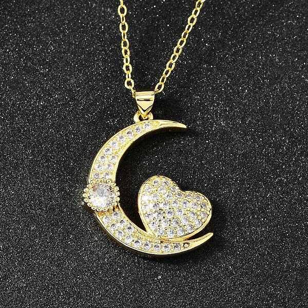 Brass Micro Pave Clear Cubic Zirconia Heart Moon Pendant Necklaces for Women
