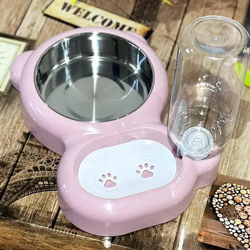 Pet Feeding Supplies, Cute Cat Paw Design Double Bowl Set with Automatic Water Dispenser Bottle, Dog & Cat Feeding Supplies