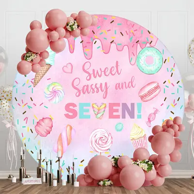 Sweet Sassy Seven Pink Round 7th Birthday Backdrop - Aperturee