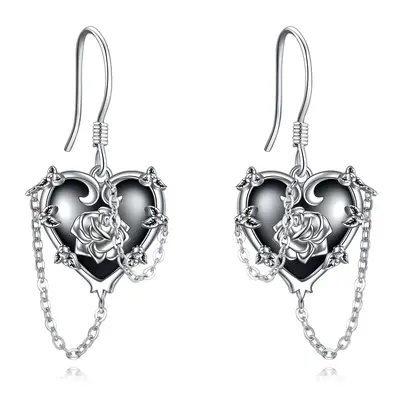 Sterling Silver Two-Tone Heart Zircon Rose Cross Skull Drop Earrings For Women