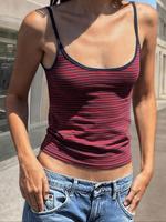Women's Striped Print Contrast Binding Cami Top, Casual Slim Spaghetti Strap Sleeveless Top for Daily Wear, Ladies Clothes fo...