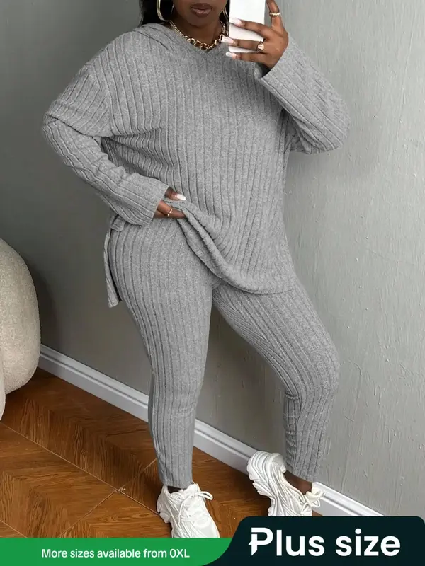 【Plus Size】 Women's Solid Textured Ribbed Drop Shoulder Hoodie & Elastic Waist Pants, Basic Casual Chic Cozy Fabric Ribbe...