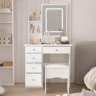 FUFU&GAGA Upgrade Crystal Handle LED Makeup Vanity Set with Drawer, Shelf, Lighted Mirror & Jewelry Organizer - White, 31.5...