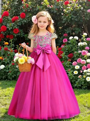 Elegant Girls' Princess Dress, Repeated Embroidery, Halloween Christmas Party Gown, Wedding Birthday Dress with Big Bow, Page...