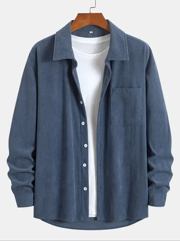 Men's Solid Button Front Pocket Corduroy Shirt, Regular Fit Casual Drop Shoulder Long Sleeve Top for Fall & Winter, Men's Clo...