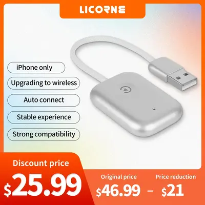 LICORNE Wireless Carplay Adapter for iPhone Bluetooth Car Adapter Converts Wired to Wireless. Adapter for Cars with Wired Car...