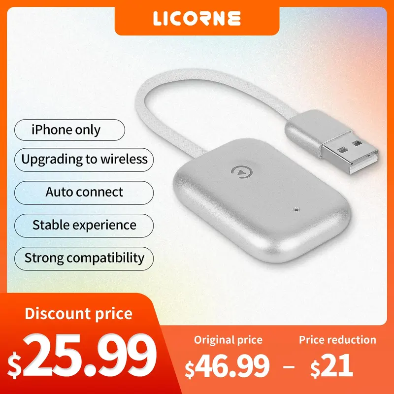 LICORNE Wireless Carplay Adapter for iPhone Bluetooth Car Adapter Converts Wired to Wireless. Adapter for Cars with Wired Car...