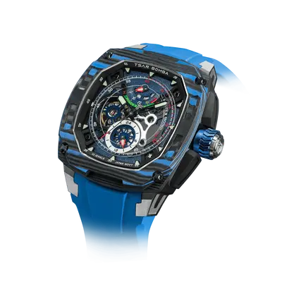 TSAR BOMBA Men's Automatic Watch | Blue | Titanium Case | Carbon Fiber Bezel | Skeleton Dial | 10ATM Waterproof Mechanical Lu...