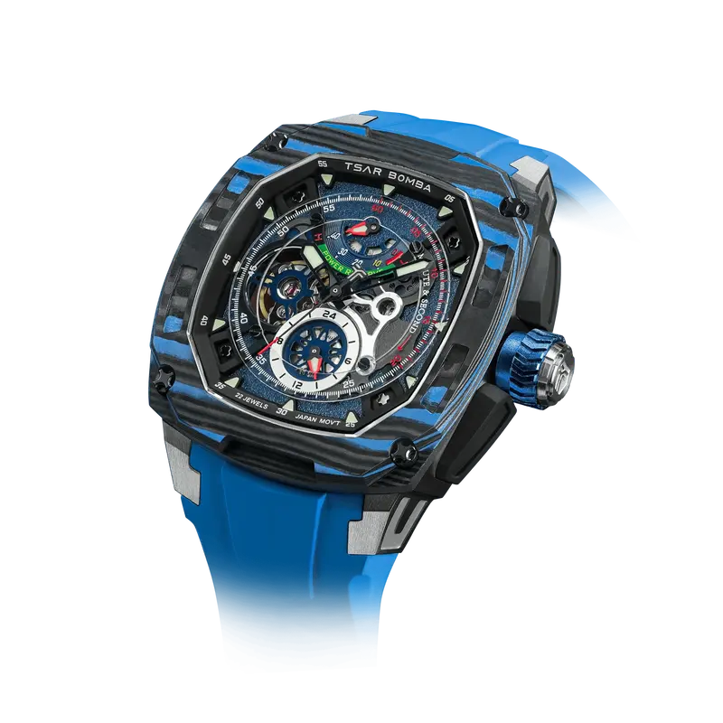 TSAR BOMBA Men's Automatic Watch | Blue | Titanium Case | Carbon Fiber Bezel | Skeleton Dial | 10ATM Waterproof Mechanical Lu...