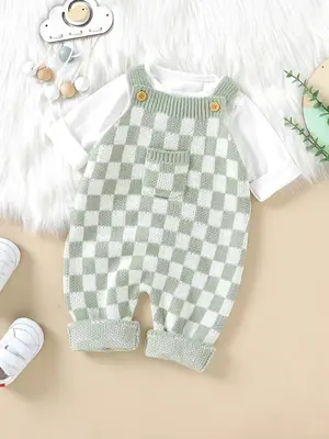 Baby's Plaid Print Button Pocket Sweater Jumpsuit without Tee, Cute Casual Sleeveless Knitting Jumpsuit for Infant Toddler, N...