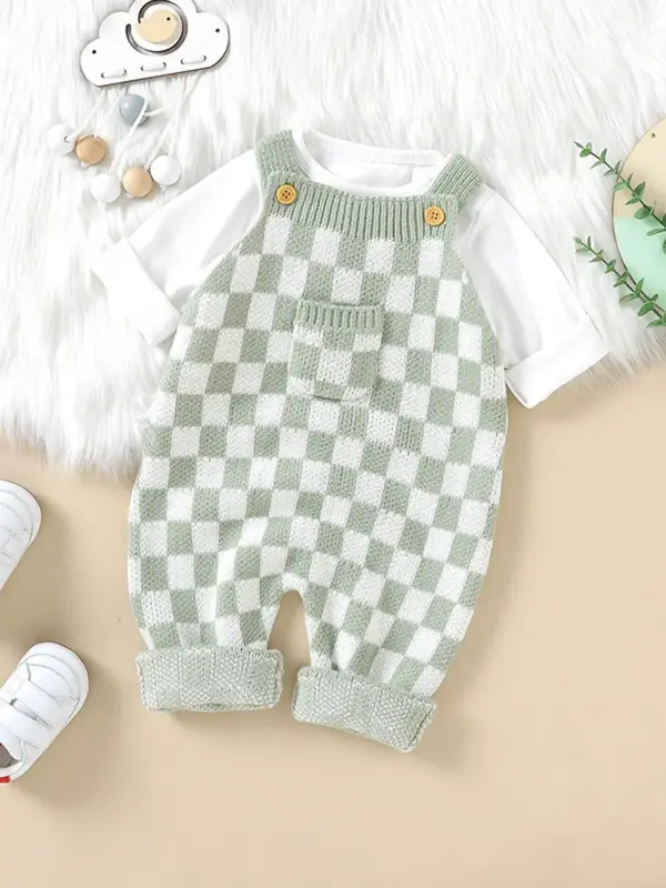 Baby's Plaid Print Button Pocket Sweater Jumpsuit without Tee, Cute Casual Sleeveless Knitting Jumpsuit for Infant Toddler, N...
