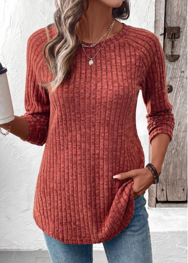 Modlily Brick Red Curved Hem Long Sleeve T Shirt - XXL