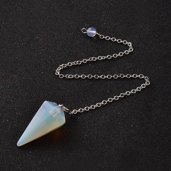 Platinum Tone Brass Opalite Cone Hexagonal Pointed Dowsing Pendulums