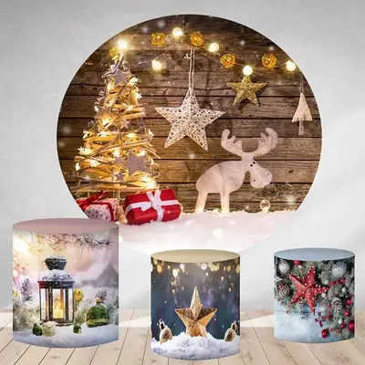 Aperturee Dark Grey Wood Light Star Trees Round Christmas Backdrop Kit | Circle Party Backdrop | Round Party Backdrop | Birth...