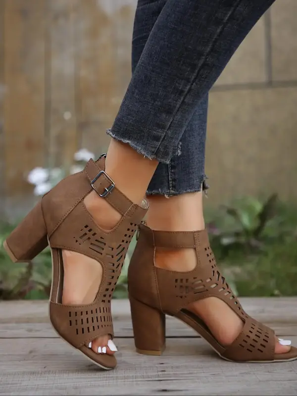 Women's Summer 2024 Fashionable Solid Color Hollowed-out Zipper High Heel Sandals, Peep Toe Sandals Chunky Heel, Ankle Stra...