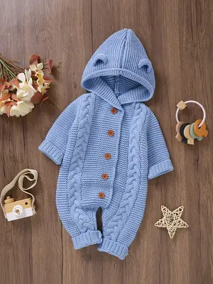 Baby's Solid Twist Textured Button Front Hooded Sweater Jumpsuit, Cute Casual Long Sleeve Jumper Onesies for Newborn Infant K...