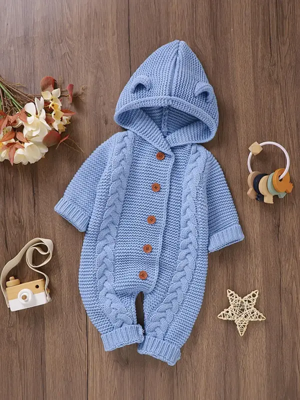 Baby's Solid Twist Textured Button Front Hooded Sweater Jumpsuit, Cute Casual Long Sleeve Jumper Onesies for Newborn Infant K...