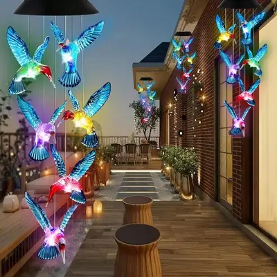 Solar Powered Hummingbird Design Wind Chime Light, Waterproof LED Color Changing Outdoor Hanging Light, Decorative Light for ...