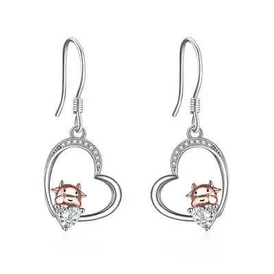 Sterling Silver Two-tone Heart Cow Drop Earrings