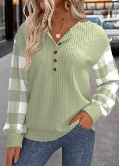 Modlily Light Green Patchwork Plaid Long Sleeve Round Neck Sweatshirt - XXL