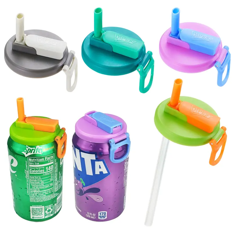 DIPESI 4-Pack BPA-Free Soda Can Lids with Straw - Reusable Lids for Seltzer, Juice & Beverage, Silicone Straws Included Drink...