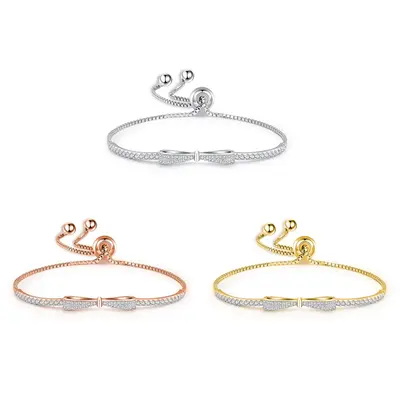 AELNEN 925 Sterling Silver Sparkling Zirconia Bowknot Bracelet with Adjustable Chain for Women - Luxury Fashion Jewelry