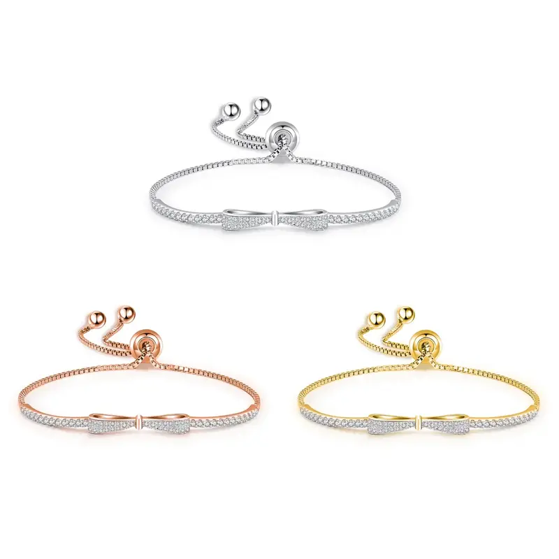 AELNEN 925 Sterling Silver Sparkling Zirconia Bowknot Bracelet with Adjustable Chain for Women - Luxury Fashion Jewelry