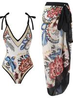 Women's Floral & Bird Print Swimsuit & Cover Up Skirt Set, Casual Fashion Swimwear Set for Beach Holiday Vacation, Ladies Swi...