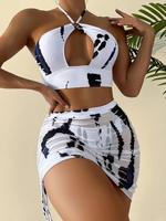 Three-piece Set Women's Colorblock Cut Out Swimsuit Set, Ring Linked Bikini Tops & Ruched Skirt & High Cut Panty, Bikini Sets...