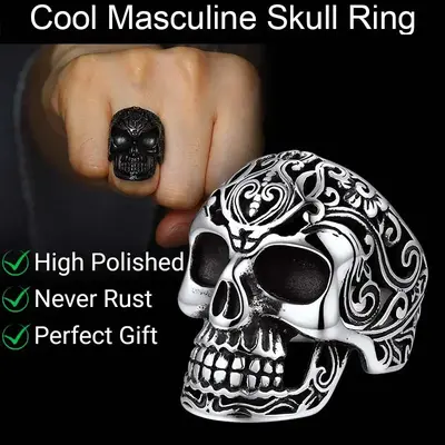 FaithHeart Masculine Skull Ring Stainless Steel Skull Skeleton Band Biker Ring for Men Springtok
