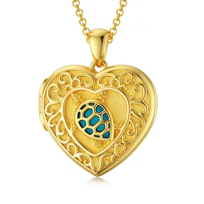 10K Gold Turquoise Heart Personalized Photo Locket Necklace