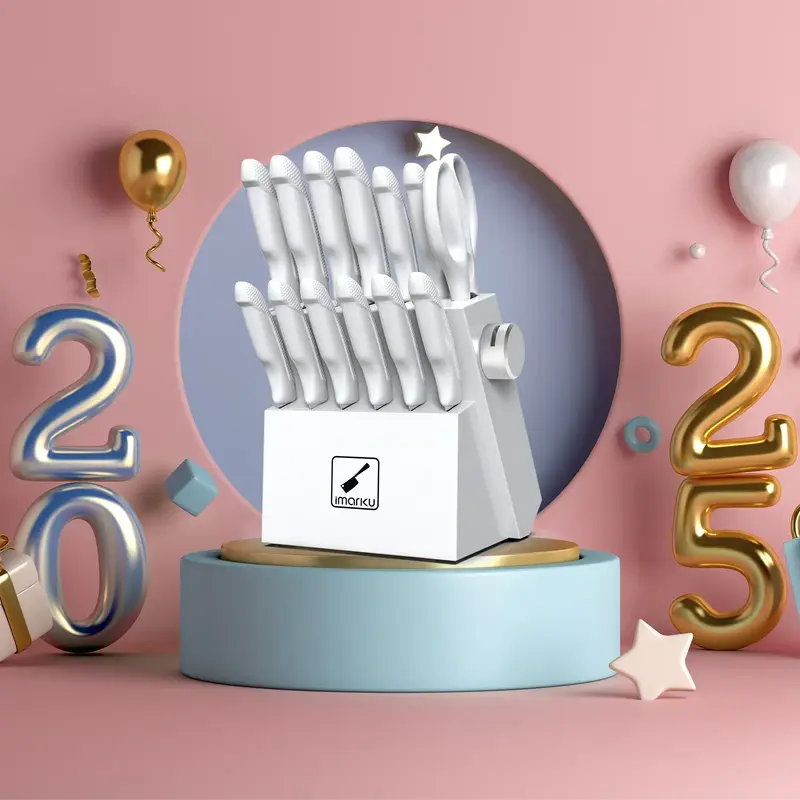 imarku white14 PCS  Set with Block, Sharp  Set with Built-in Sharpener, Japanese Stainless Steel  Set, Best Gift Knife Block