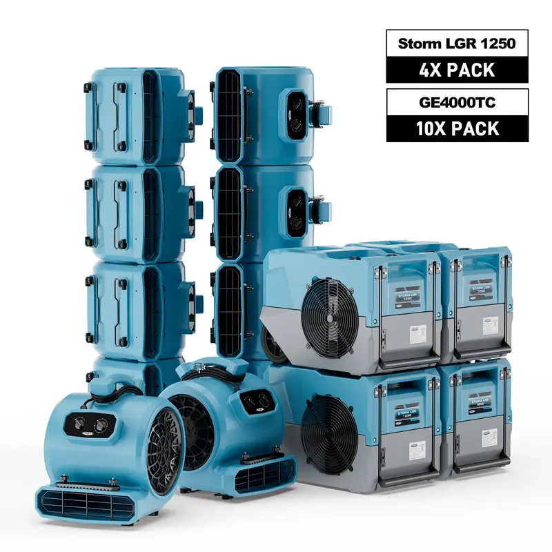 AlorAir Water Damage Restoration Combo Pack, 4 X Storm LGR 1250 Dehumidifier, 10 X GE4000TC Air Mover - Blue