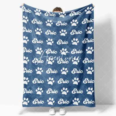 Aperturee Navy Blue White Paw Print Custom Name Pet Blanket, 30x40in(76x102cm), 26 USD, pet blankets, YZBD0O43-S