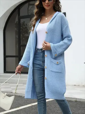 V-Neck LooseWomen's Hooded Button Down Cardigan 2025 Fall Long Sleeve Knit Sweater, Casual Chunky Open Front Oversized Outerw...
