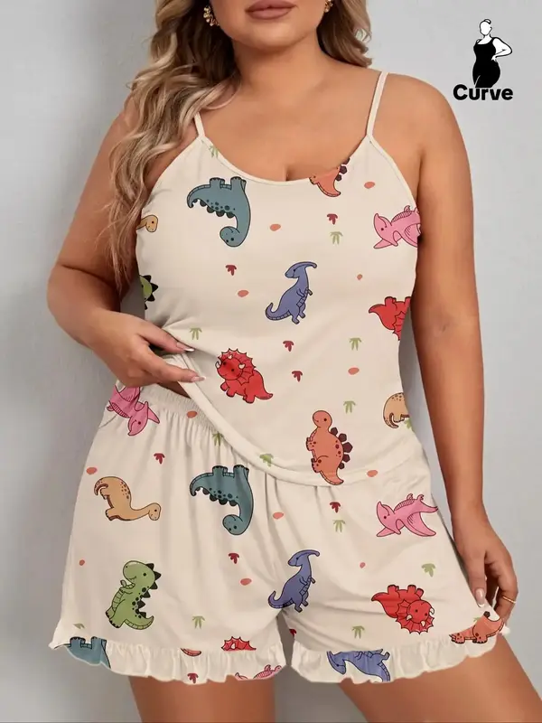 Plus Size Dinosaur Print Elastic Waist Pyjama Set, Casual Cami Top & Ruffle Hem Shorts Set, Summer Outfits 2024, Summer Cl...