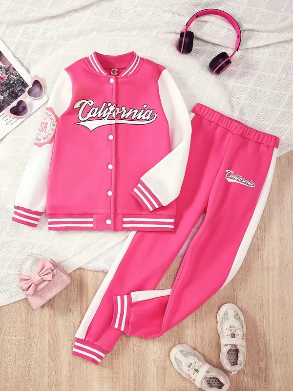 Two-Piece Set Girl's Colorblock Letter Print Button Front Jacket & Elastic Waist Pants Set, Casual Preppy Style Baseball Coll...