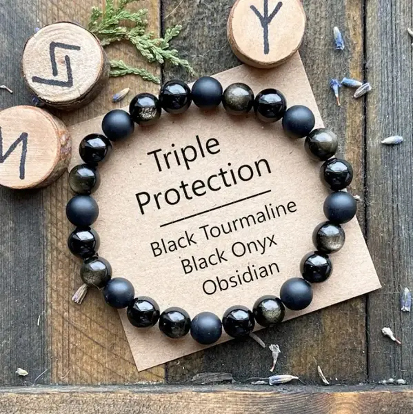 Handmade Natural 6mm Black Tourmaline Obsidian Onyx Beads Healing Triple Protection Beaded Crystal Energy Men Women Luck Brac...