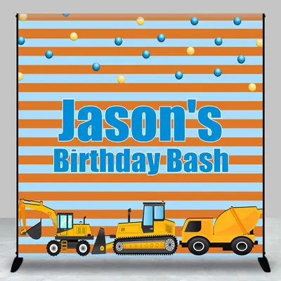 Custom Name Blue Orange Stripe Car Birthday Backdrop