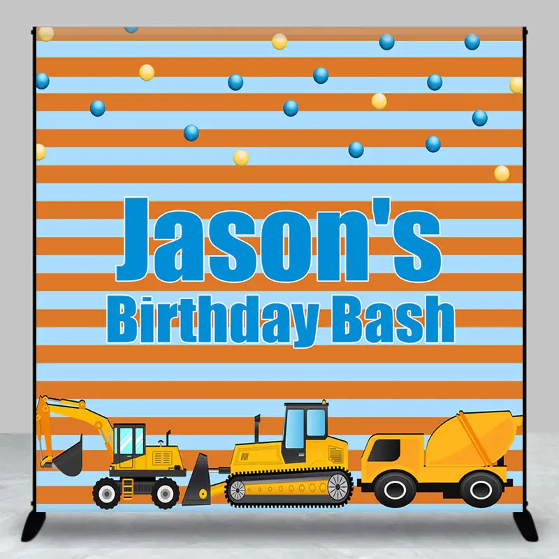 Custom Name Blue Orange Stripe Car Birthday Backdrop