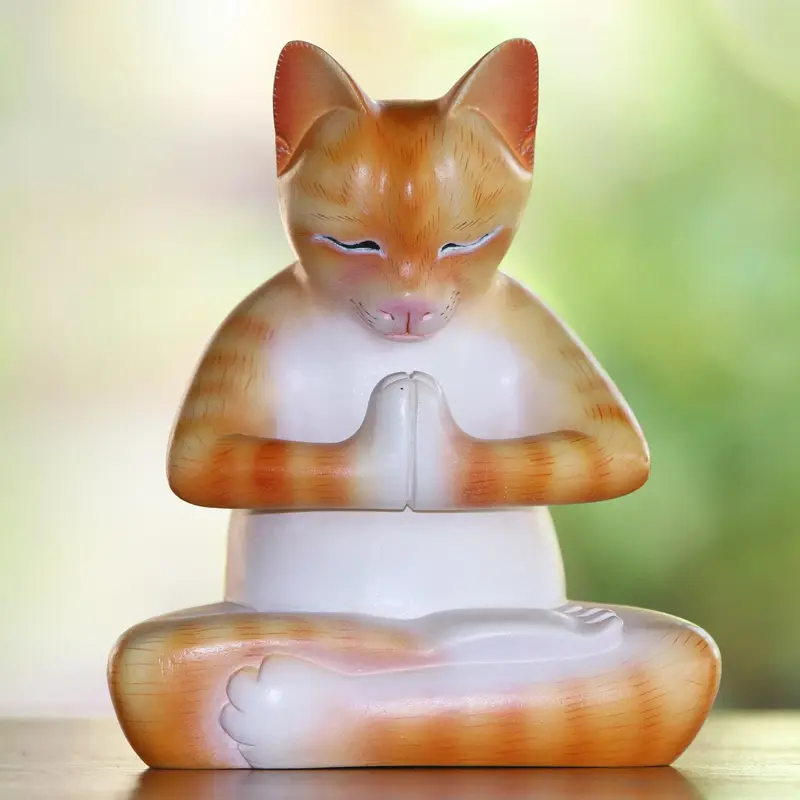 NOVICA Meditating Kitty in Orange Wood Meditating Cat Statuette in Orange and White from Bali