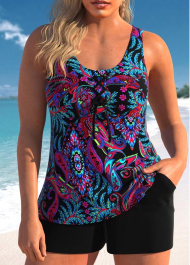 Modlily Lace Up Paisley Print Black Tankini Set - S