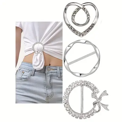 Rhinestone Decorated Scarf Ring Clip, 3 Counts/set Clothes Corner Knotted Button for Women, Metal Round Circle Design Shirt C...