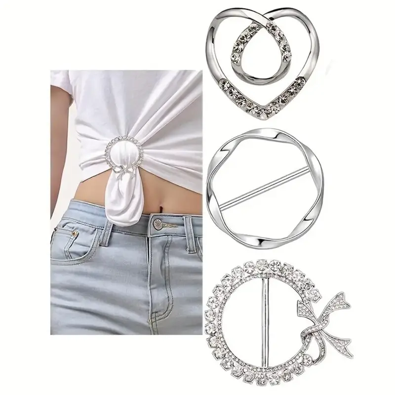 Rhinestone Decorated Scarf Ring Clip, 3 Counts/set Clothes Corner Knotted Button for Women, Metal Round Circle Design Shirt C...