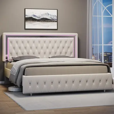 [Restock Sale]VanAcc LED Bed Frame with Led Lights Adjustable Headboard Velvet Button Tufted/Acrylic Mirror Accents, No Box S...