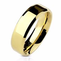 Beveled Edge 14K Gold IP Stainless Steel Flat Band Men's or Women's Ring 6mm Wide Hypoallergenic