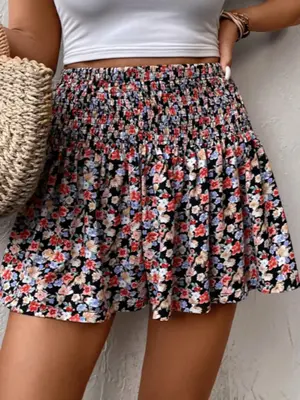 Women's Ditsy Floral Print Shirred Wide Leg Vintage Shorts, Boho Casual High Waist Shorts, Back To School Outfits, Summer S...