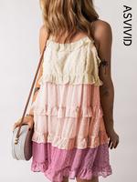 Women's Colorblock Swiss Dot Ruffle Trim Tie Back Cami Dress, Boho Fashion Casual Spaghetti Strap Backless Short Dress for Be...